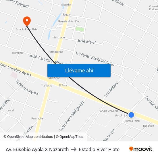 Av. Eusebio Ayala X Nazareth to Estadio River Plate map