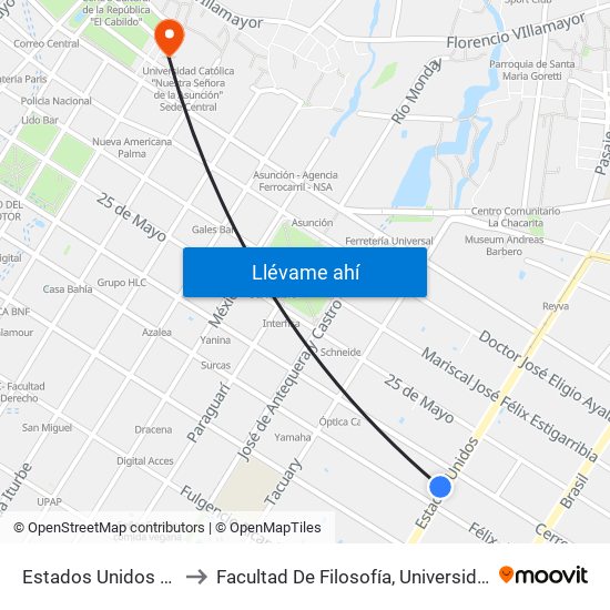 Estados Unidos X Azara to Facultad De Filosofía, Universidad Católica map