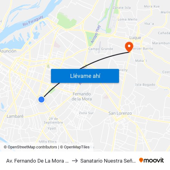 Av. Fernando De La Mora X Av. Argentina to Sanatario Nuestra Señora De La Paz map