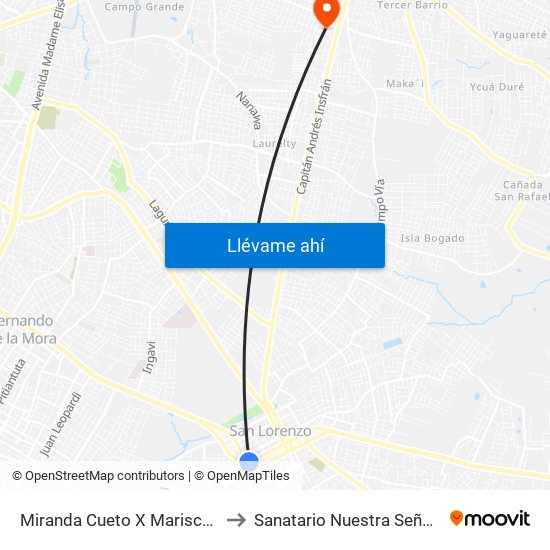 Miranda Cueto X Mariscal Estigarribia to Sanatario Nuestra Señora De La Paz map