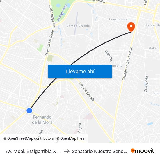 Av. Mcal. Estigarribia X 14 De Mayo to Sanatario Nuestra Señora De La Paz map