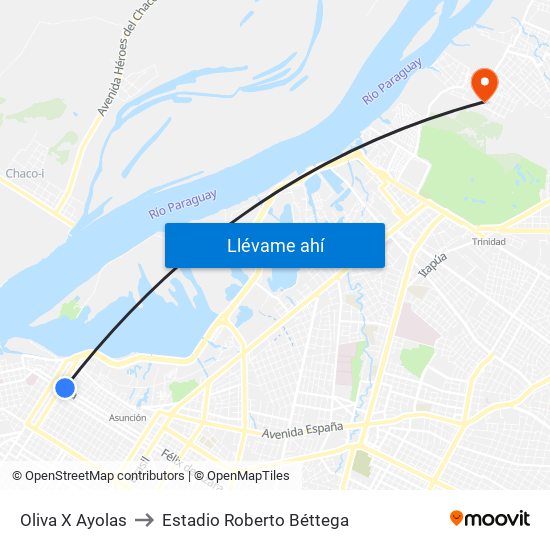 Oliva X Ayolas to Estadio Roberto Béttega map