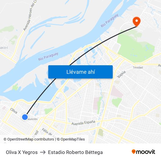 Oliva X Yegros to Estadio Roberto Béttega map