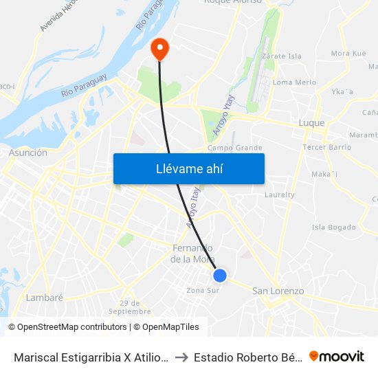 Mariscal Estigarribia X Atilio Galfre to Estadio Roberto Béttega map