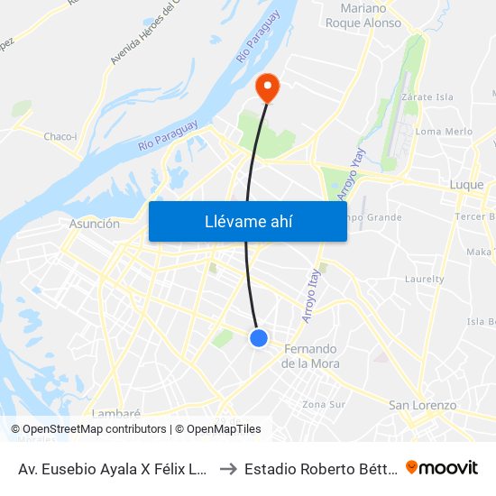 Av. Eusebio Ayala X Félix Lopéz to Estadio Roberto Béttega map