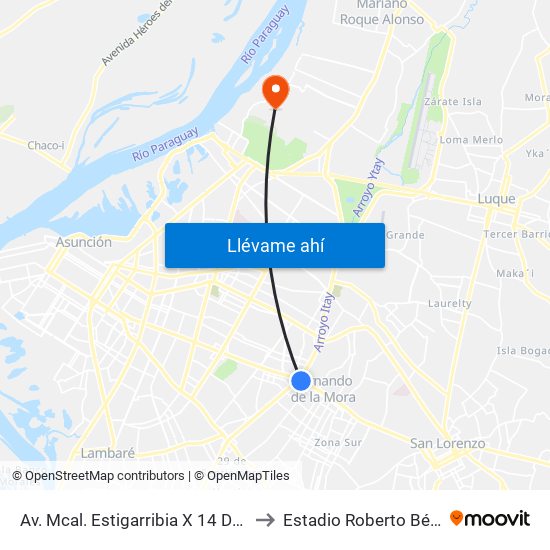 Av. Mcal. Estigarribia X 14 De Mayo to Estadio Roberto Béttega map