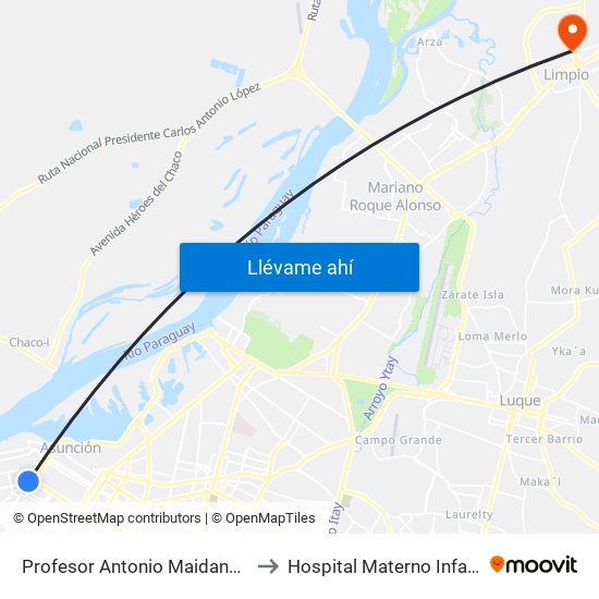 Profesor Antonio Maidana Campos, 1045 to Hospital Materno Infantil De Limpio map