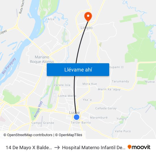 14 De Mayo X Balderrama to Hospital Materno Infantil De Limpio map