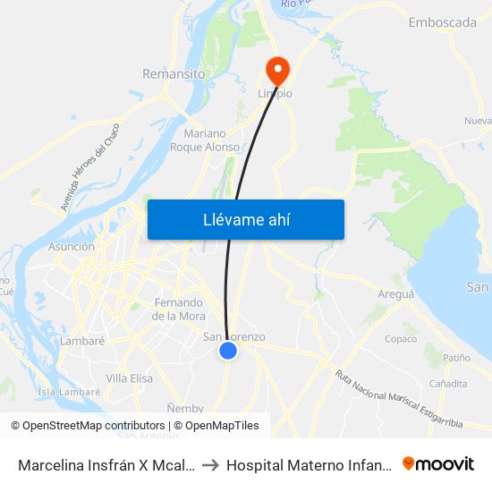 Marcelina Insfrán X Mcal. Estigarribia to Hospital Materno Infantil De Limpio map