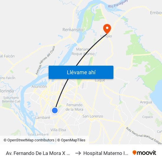 Av. Fernando De La Mora X Av. República Argentina to Hospital Materno Infantil De Limpio map