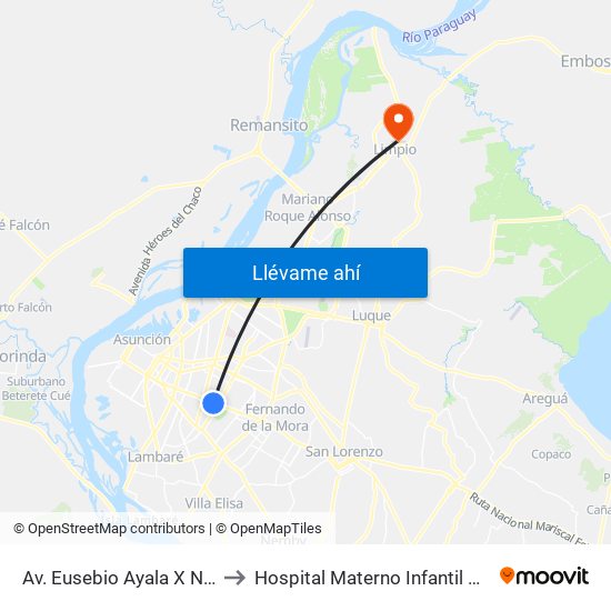 Av. Eusebio Ayala X Nazareth to Hospital Materno Infantil De Limpio map