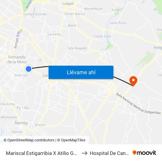Mariscal Estigarribia X Atilio Galfre to Hospital De Cancer map