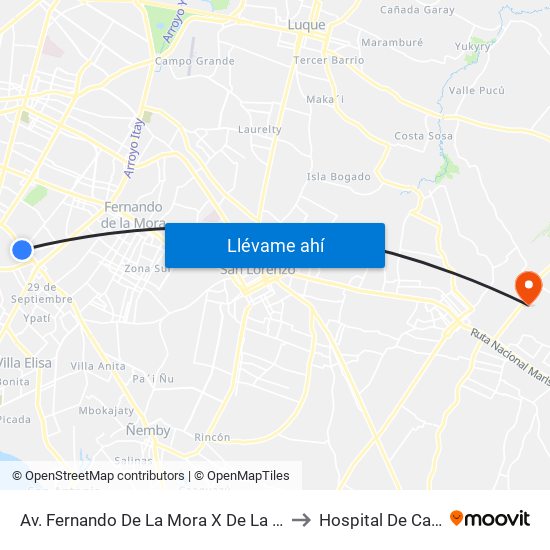 Av. Fernando De La Mora X De La Victoria to Hospital De Cancer map