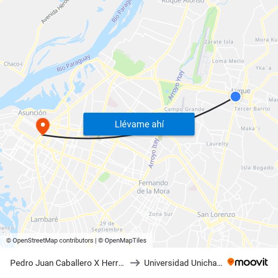 Pedro Juan Caballero X Herrera to Universidad Unichaco map