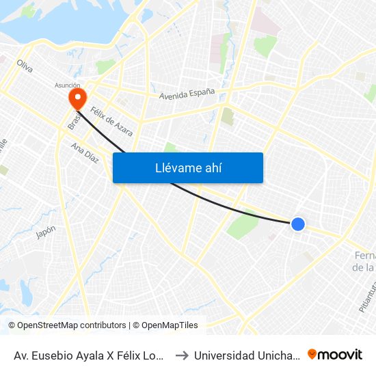 Av. Eusebio Ayala X Félix Lopéz to Universidad Unichaco map