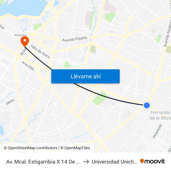Av. Mcal. Estigarribia X 14 De Mayo to Universidad Unichaco map