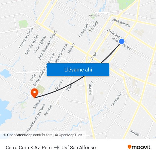 Cerro Corá X Av. Perú to Usf San Alfonso map