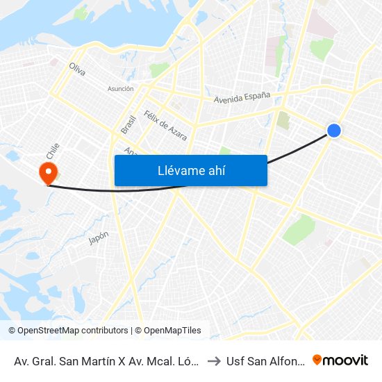 Av. Gral. San Martín X Av. Mcal. López to Usf San Alfonso map