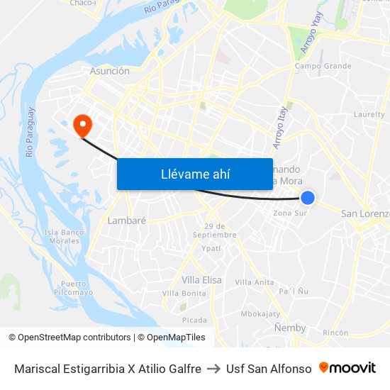 Mariscal Estigarribia X Atilio Galfre to Usf San Alfonso map