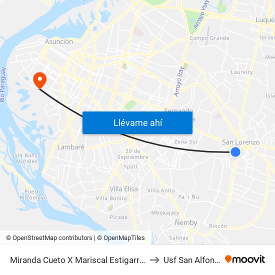 Miranda Cueto X Mariscal Estigarribia to Usf San Alfonso map