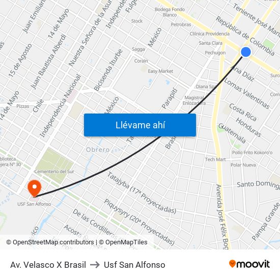 Av. Velasco X Brasil to Usf San Alfonso map