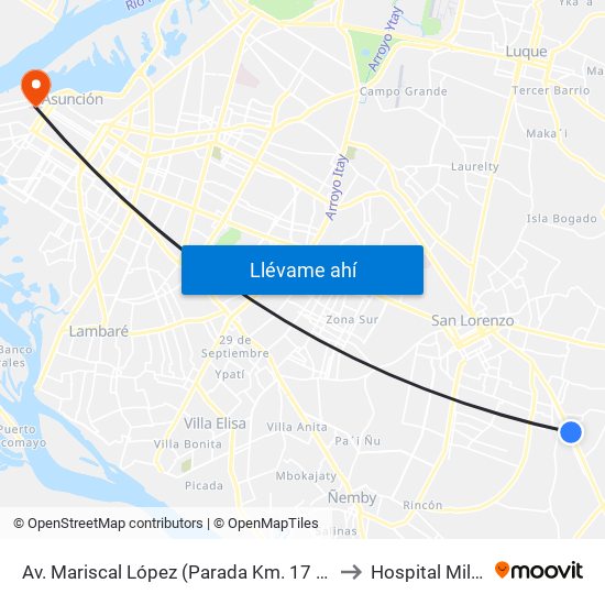 Av. Mariscal López (Parada Km. 17 (1/2)) to Hospital Militar map