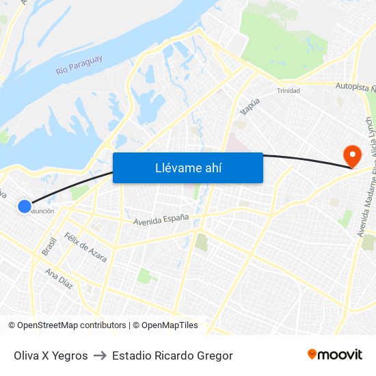 Oliva X Yegros to Estadio Ricardo Gregor map
