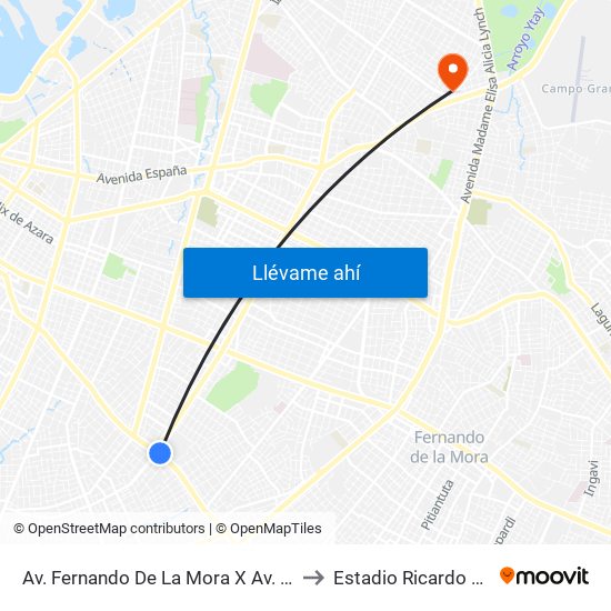 Av. Fernando De La Mora X Av. Argentina to Estadio Ricardo Gregor map