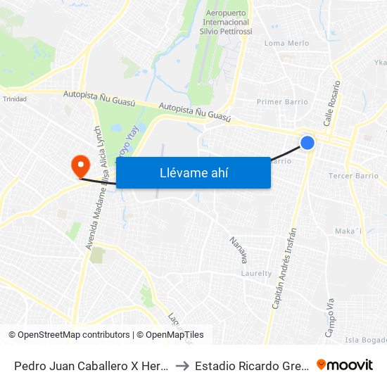Pedro Juan Caballero X Herrera to Estadio Ricardo Gregor map