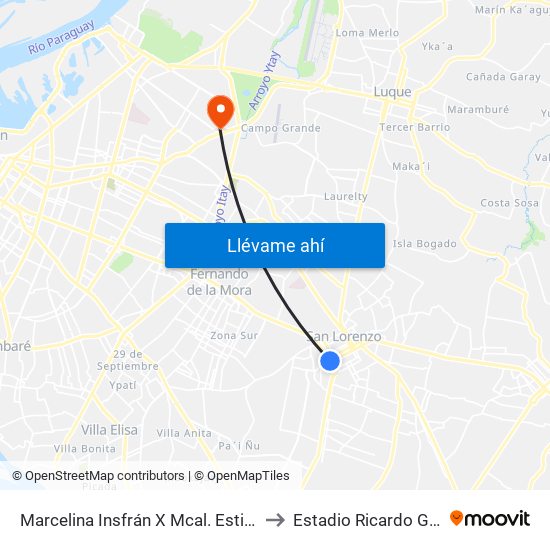 Marcelina Insfrán X Mcal. Estigarribia to Estadio Ricardo Gregor map