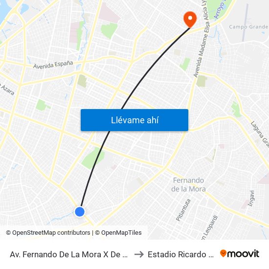 Av. Fernando De La Mora X De La Victoria to Estadio Ricardo Gregor map