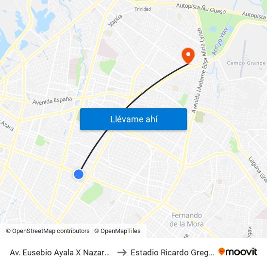 Av. Eusebio Ayala X Nazareth to Estadio Ricardo Gregor map