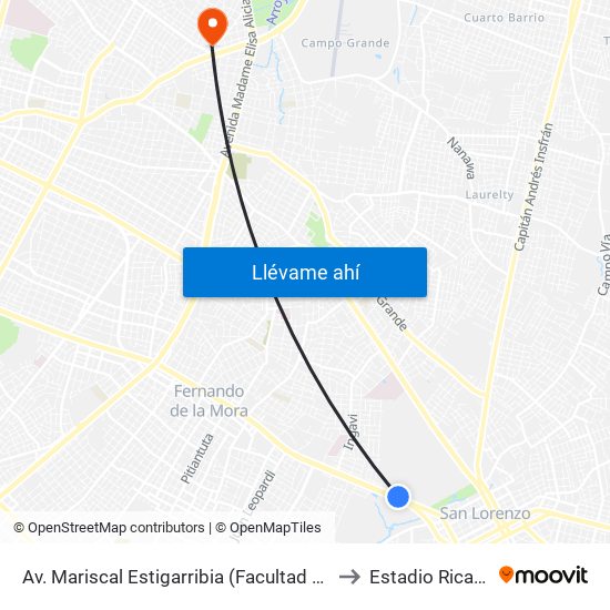 Av. Mariscal Estigarribia (Facultad De Ciencias Económicas) to Estadio Ricardo Gregor map