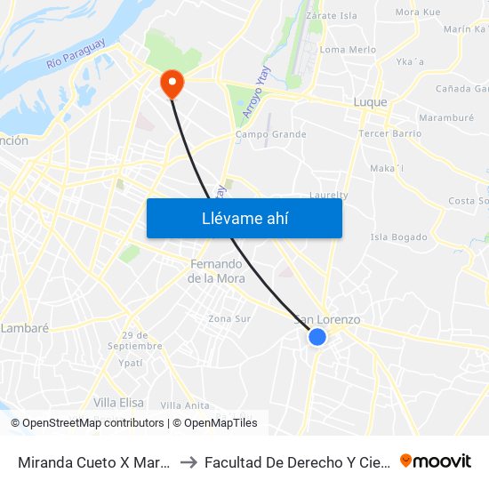 Miranda Cueto X Mariscal Estigarribia to Facultad De Derecho Y Ciencias Sociales - Una map