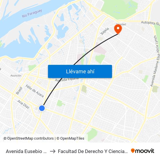 Avenida Eusebio Ayala, 803 to Facultad De Derecho Y Ciencias Sociales - Una map