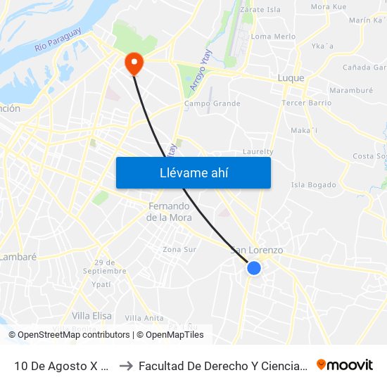 10 De Agosto X Sgto. Silva to Facultad De Derecho Y Ciencias Sociales - Una map