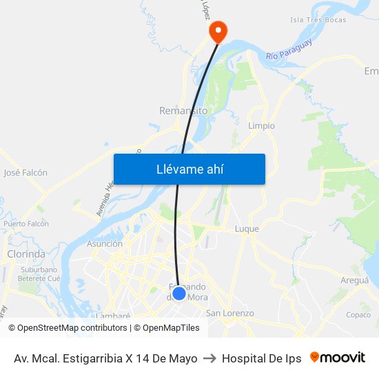 Av. Mcal. Estigarribia X 14 De Mayo to Hospital De Ips map