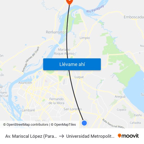 Av. Mariscal López (Parada Km. 17 (1/2)) to Universidad Metropolitana De Asunción map