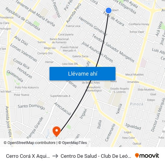 Cerro Corá X Aquino to Centro De Salud - Club De Leónes map