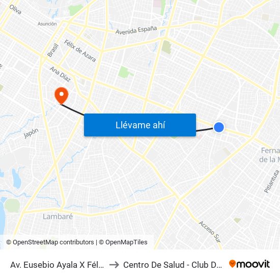 Av. Eusebio Ayala X Félix Lopéz to Centro De Salud - Club De Leónes map