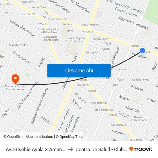 Av. Eusebio Ayala X Amancio González to Centro De Salud - Club De Leónes map