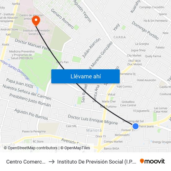 Centro Comercial to Instituto De Previsión Social (I.P.S.) map