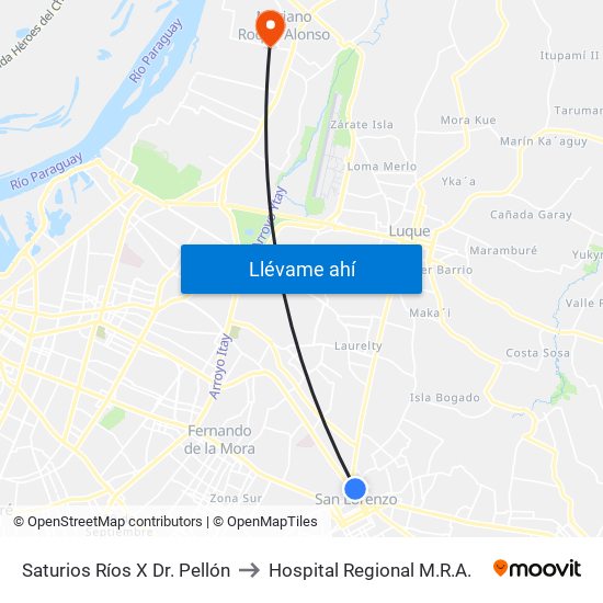 Saturios Ríos X Dr. Pellón to Hospital Regional M.R.A. map