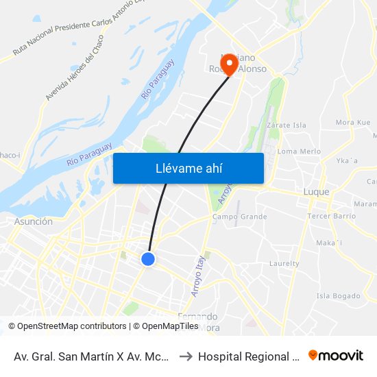 Av. Gral. San Martín X Av. Mcal. López to Hospital Regional M.R.A. map