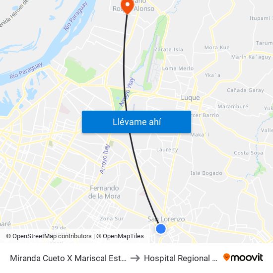 Miranda Cueto X Mariscal Estigarribia to Hospital Regional M.R.A. map