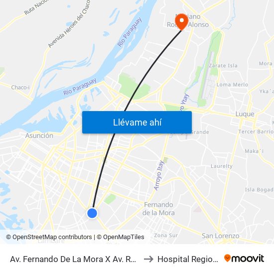Av. Fernando De La Mora X Av. República Argentina to Hospital Regional M.R.A. map
