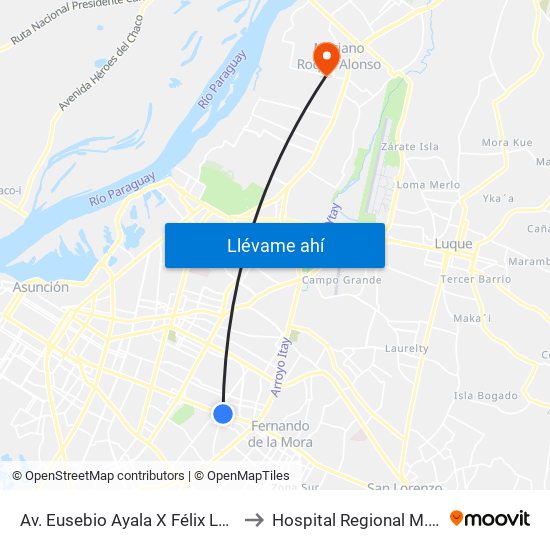 Av. Eusebio Ayala X Félix Lopéz to Hospital Regional M.R.A. map