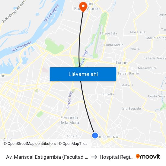 Av. Mariscal Estigarribia (Facultad De Ciencias Económicas) to Hospital Regional M.R.A. map