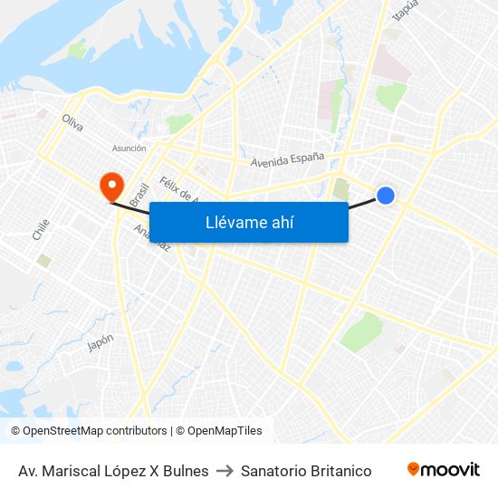 Av. Mariscal López X Bulnes to Sanatorio Britanico map