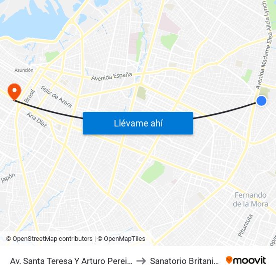 Av. Santa Teresa Y Arturo Pereira to Sanatorio Britanico map